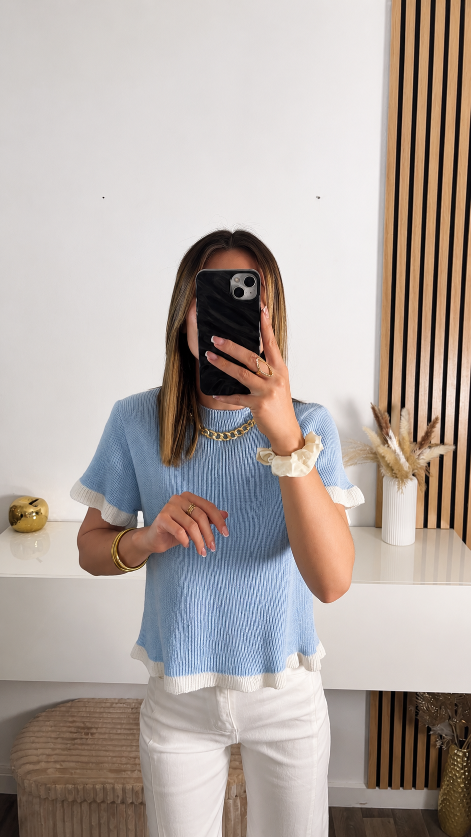 Pull manches courtes en maille bleu Rita