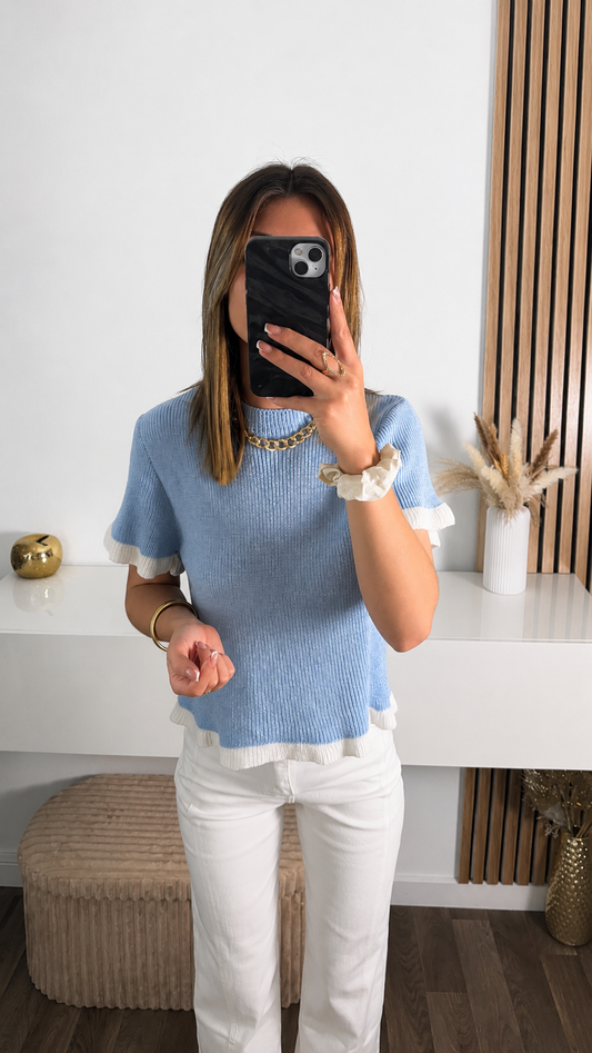 Pull manches courtes en maille bleu Rita
