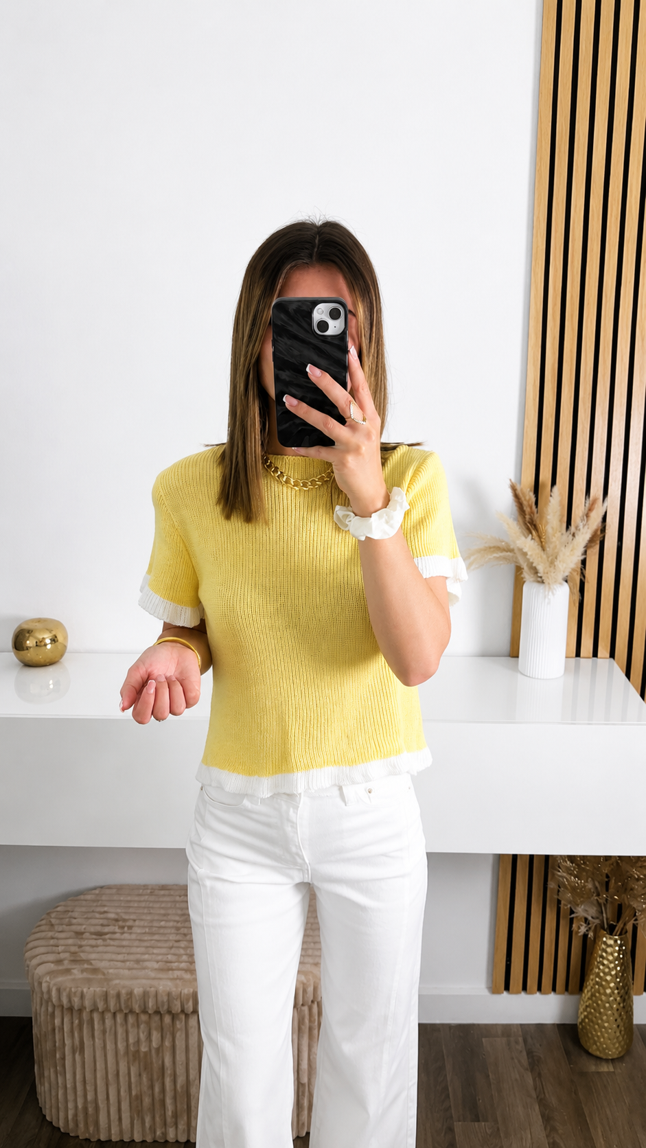 Pull manches courtes en maille jaune Rita
