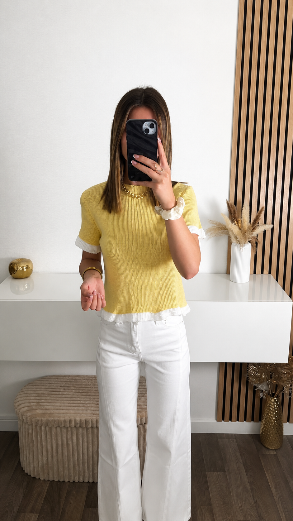 Pull manches courtes en maille jaune Rita